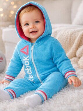 Reebok Baby Fleece Romper 6-9M Blue Hooded Zip One Piece Cozy Logo Bodysuit EUC